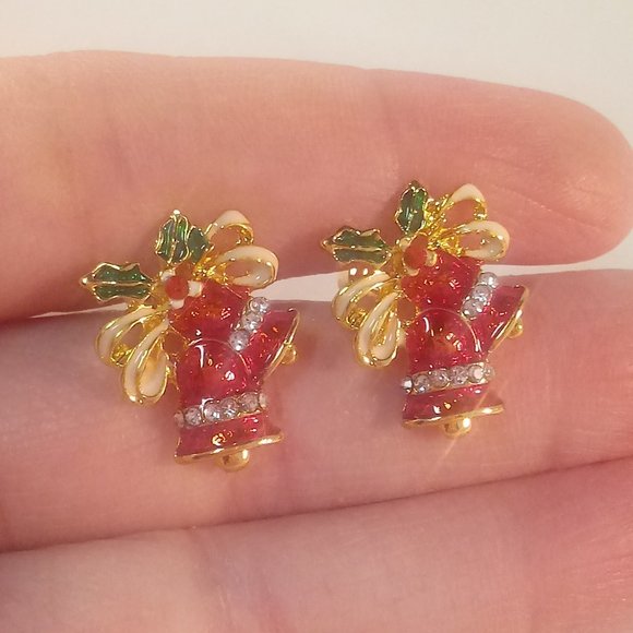 New Gold Red Christmas Bells Diamond Crystal Stud Earrings Holiday Festive Gift - Picture 2 of 5